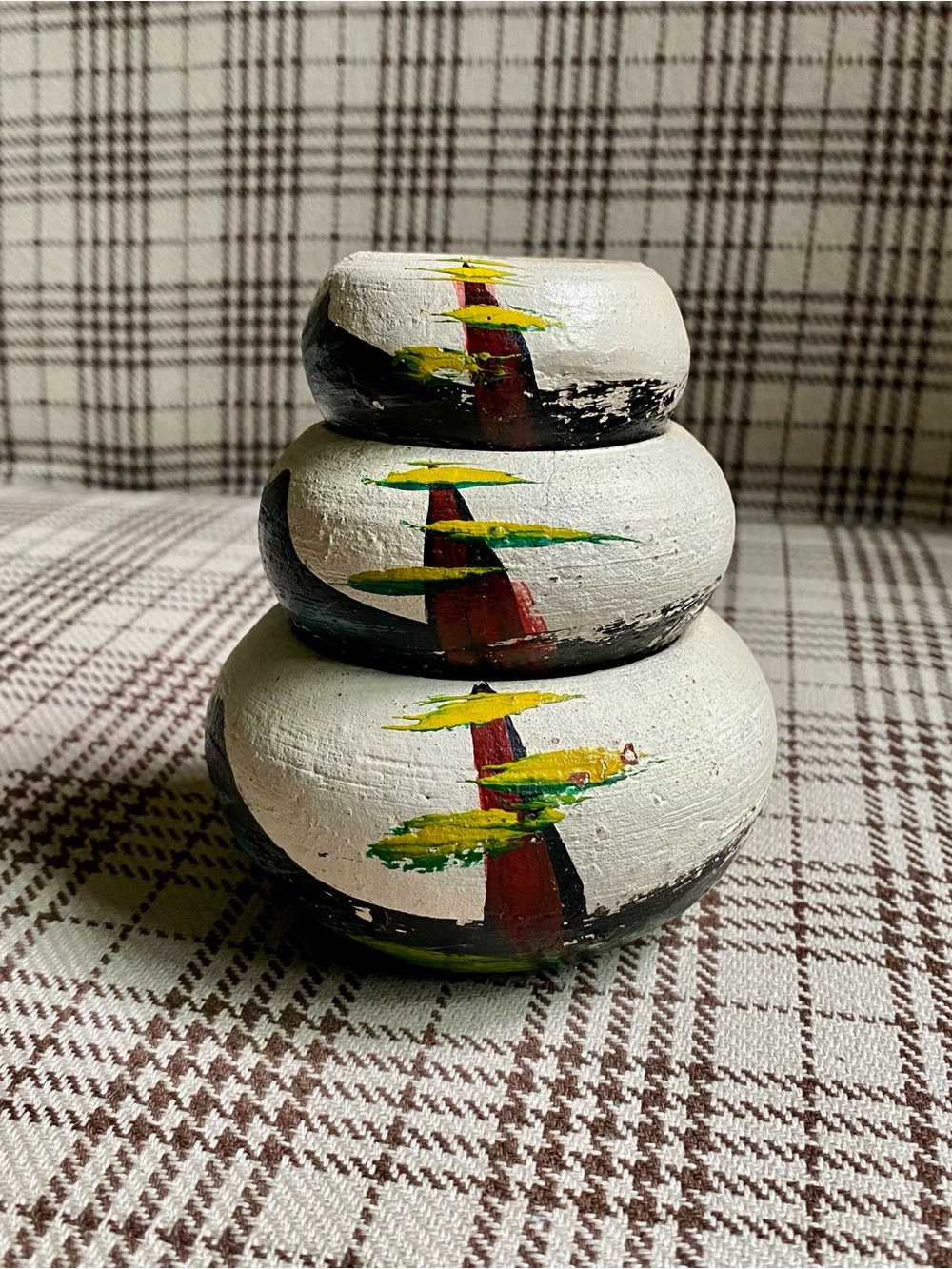 Hand-Painted White Clay Nesting Bowls with Green & Yellow Tree Design